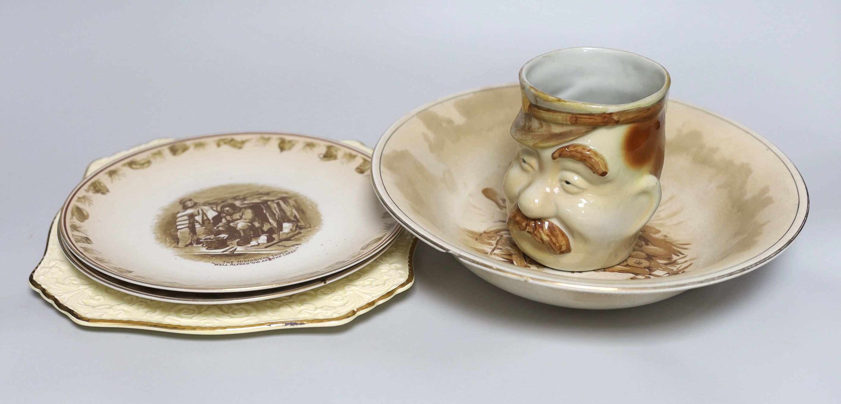Three Bruce Bairnsfather 'Old Bill' pottery dishes and a bowl, by Grimwades, all printed with World War caricature subjects (4)